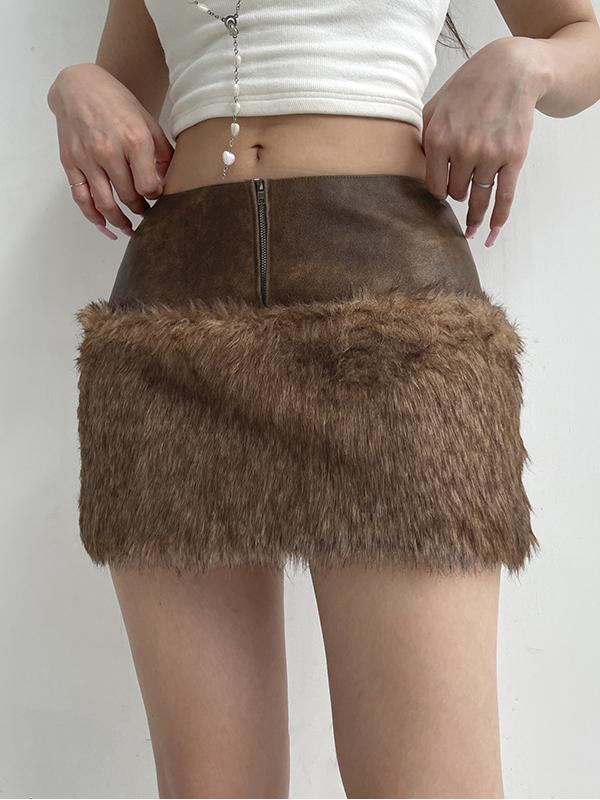 Low-rise Zippered Leather Paneled Fur Skirt