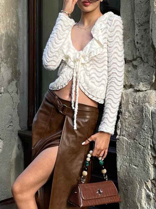 Ruffles Lace Up V Neck Blouse