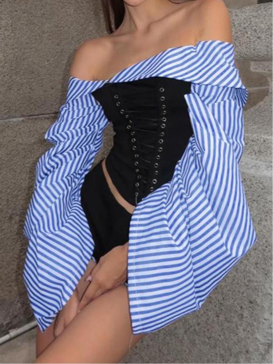 Off shoulder Striped Irregular Crop Top Shorts Two-piece Set