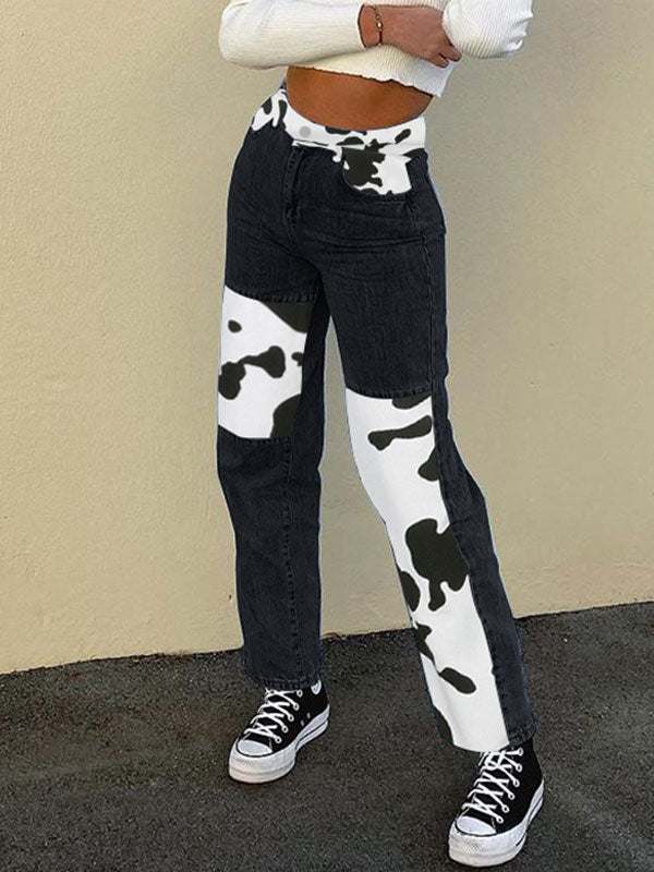 Zipper Cow Pattern Patchwork Jeans