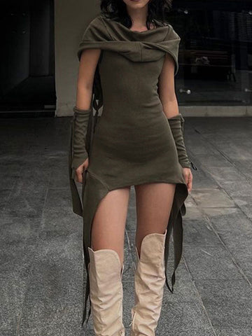 Hooded Collar Asymmetric Hem Dress