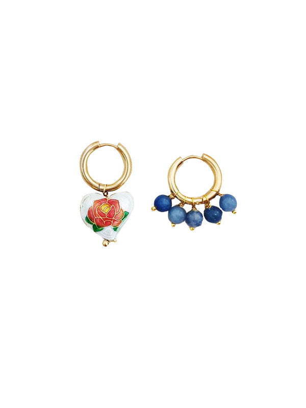 Rose Enamel Heart Asymmetric Earrings