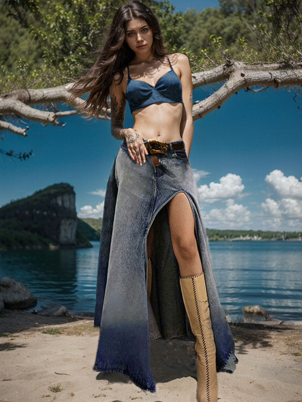 Asymmetric Hem High Slit Denim Maxi Skirt