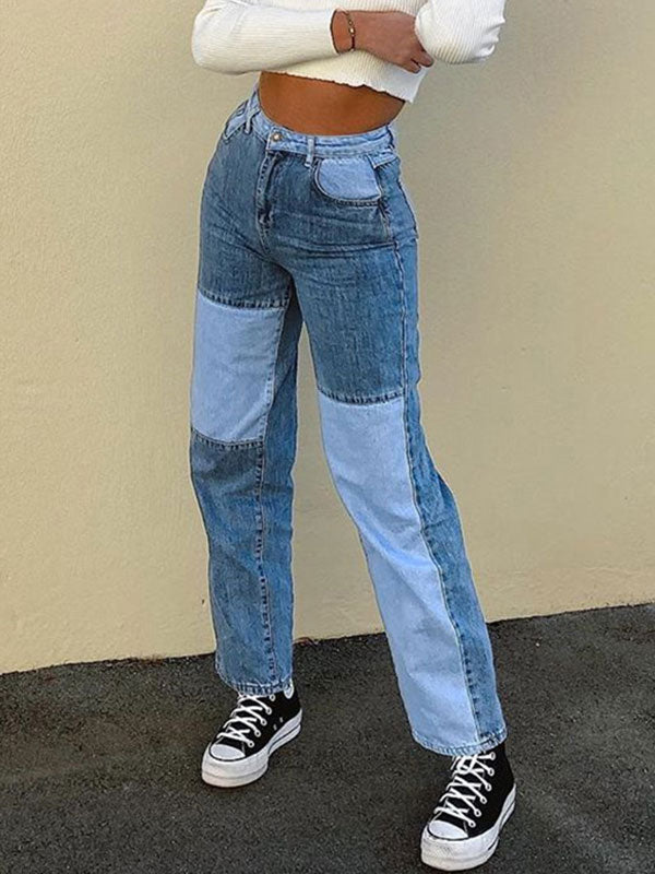 Casual Patchwork High Waist Color Block Jeans