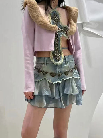 Chiffon Ruffled Patchwork Washed Denim Skirt