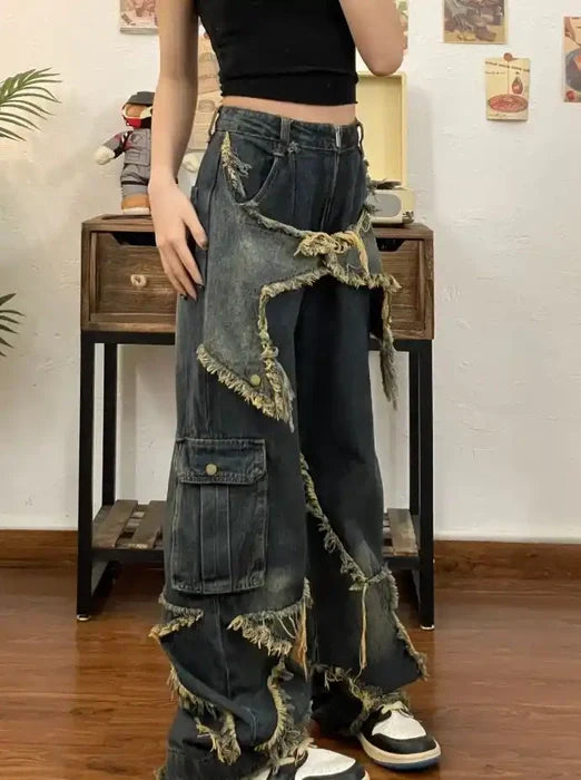 Star Graphic Print Vintage Vibe Style Jeans