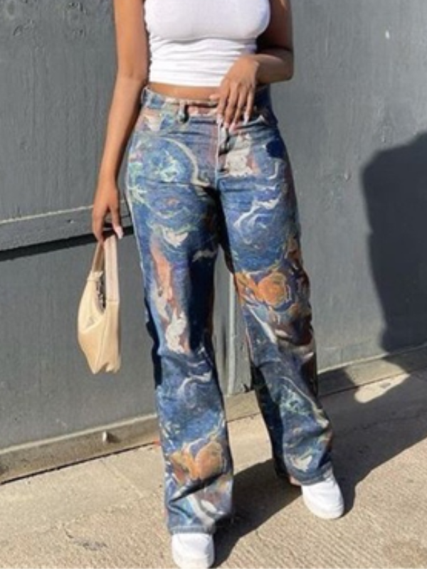 Abstract Printed Wide Leg Jeans -- YKIIY  CLOTHING