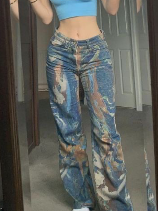 Abstract Printed Wide Leg Jeans -- YKIIY  CLOTHING