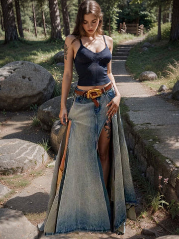 Asymmetric Hem High Slit Denim Maxi Skirt -- YKIIY  CLOTHING