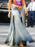 Asymmetric Hem High Slit Denim Maxi Skirt -- YKIIY  CLOTHING