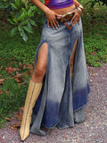 Asymmetric Hem High Slit Denim Maxi Skirt -- YKIIY  CLOTHING