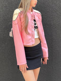 Band Collar Patchwork PU Jacket -- YKIIY  CLOTHING