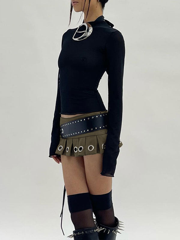 Belted Eyelet Metal Pleated Mini Skirt -- YKIIY  CLOTHING