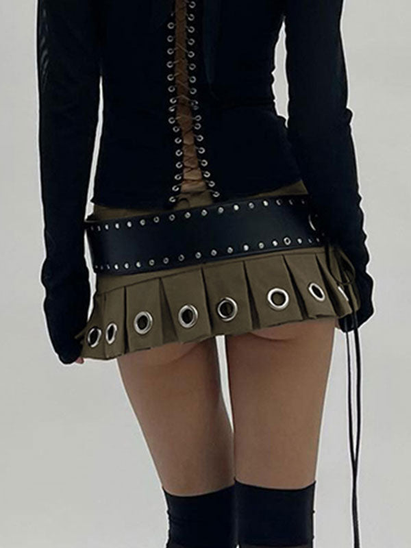 Belted Eyelet Metal Pleated Mini Skirt -- YKIIY  CLOTHING