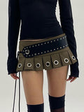 Belted Eyelet Metal Pleated Mini Skirt -- YKIIY  CLOTHING