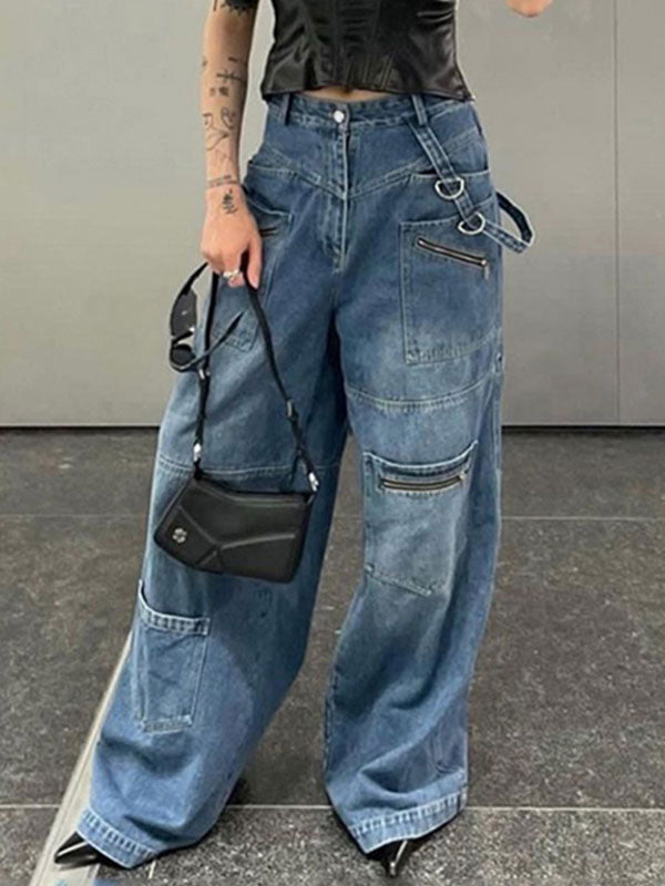 Blue Wash Patchwork Baggy Cargo Jeans -- YKIIY  CLOTHING