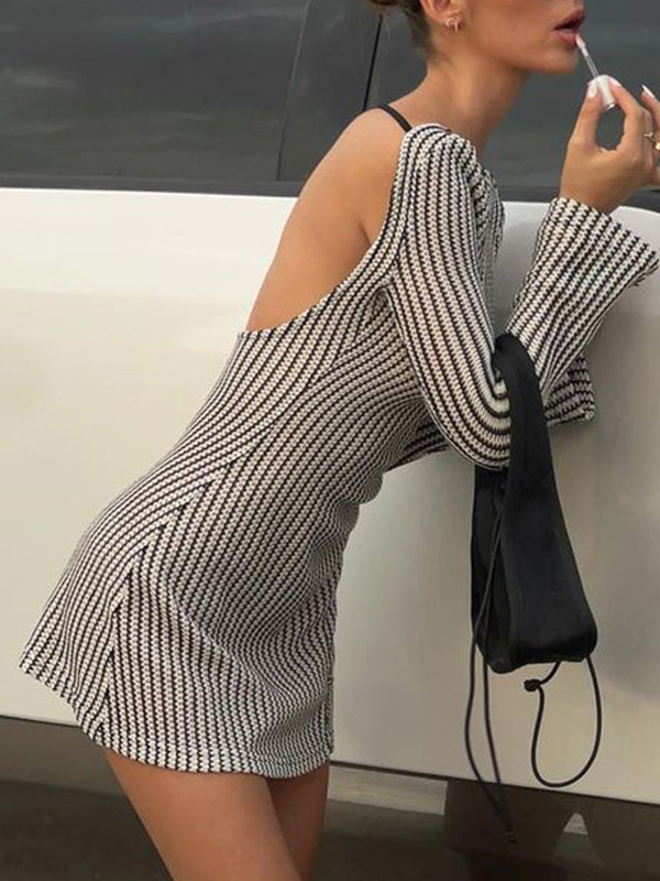 Boat Neck Backless Striped Mini Dress -- YKIIY  CLOTHING