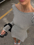 Boat Neck Backless Striped Mini Dress -- YKIIY  CLOTHING