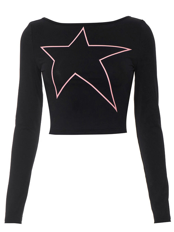 Boat Neck Exposed Navel Star T-Shirt -- YKIIY  CLOTHING