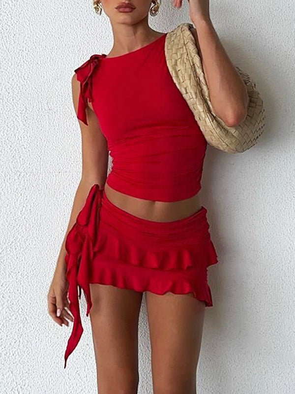 Boat Neck Ruffled Hem Two Piece Set -- YKIIY  CLOTHING