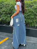 Broken Holes Front Slit Denim Skirt -- YKIIY  CLOTHING