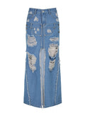 Broken Holes Front Slit Denim Skirt -- YKIIY  CLOTHING