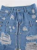 Broken Holes Front Slit Denim Skirt -- YKIIY  CLOTHING