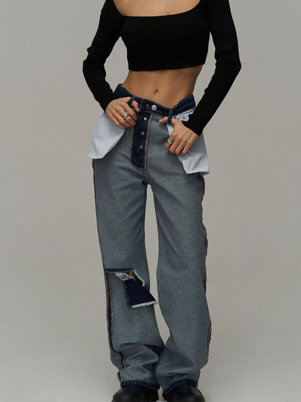 Broken Holes Patchwork Jeans -- YKIIY  CLOTHING