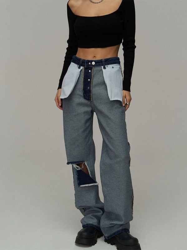 Broken Holes Patchwork Jeans -- YKIIY  CLOTHING