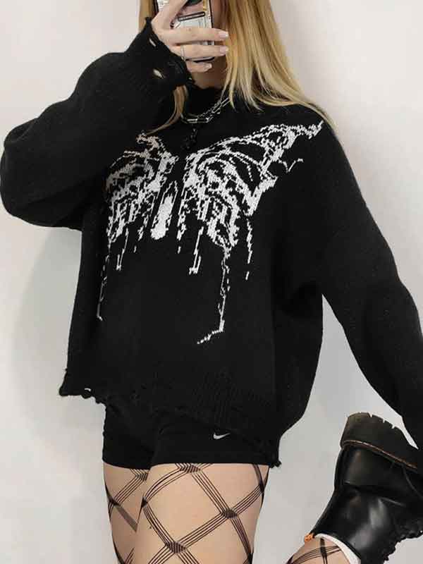 Butterfly Loose Frayed Trim Sweater -- YKIIY  CLOTHING