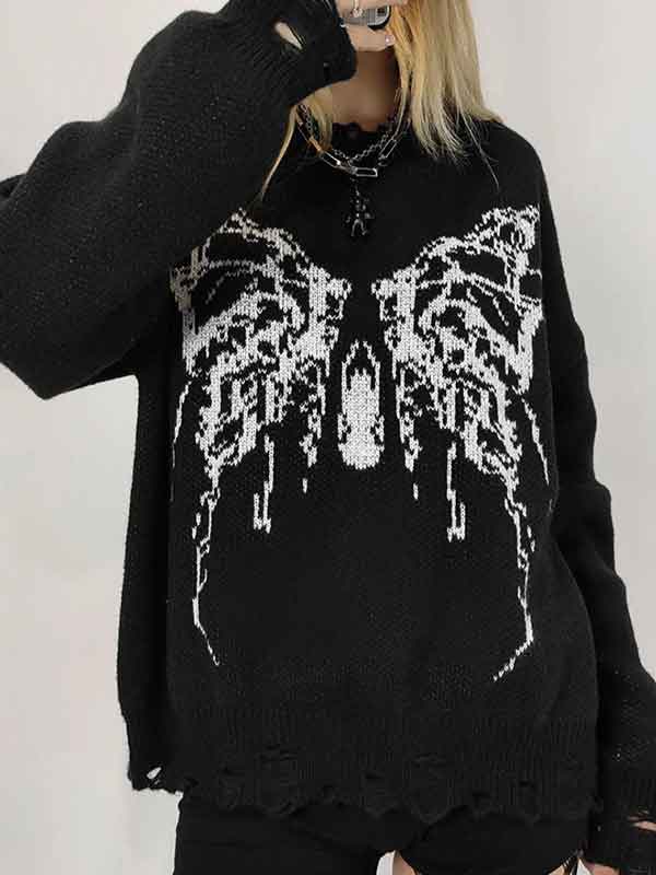 Butterfly Loose Frayed Trim Sweater -- YKIIY  CLOTHING