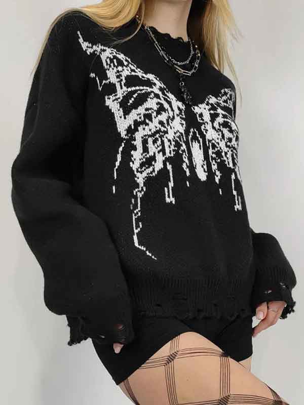 Butterfly Loose Frayed Trim Sweater -- YKIIY  CLOTHING