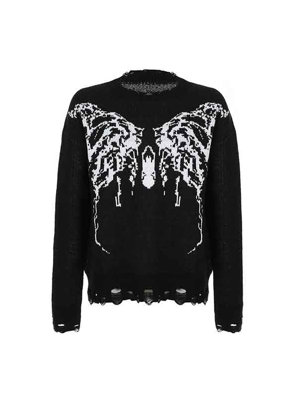 Butterfly Loose Frayed Trim Sweater -- YKIIY  CLOTHING