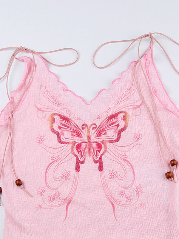 Butterfly Print Contrasting Trim Camis Top -- YKIIY  CLOTHING