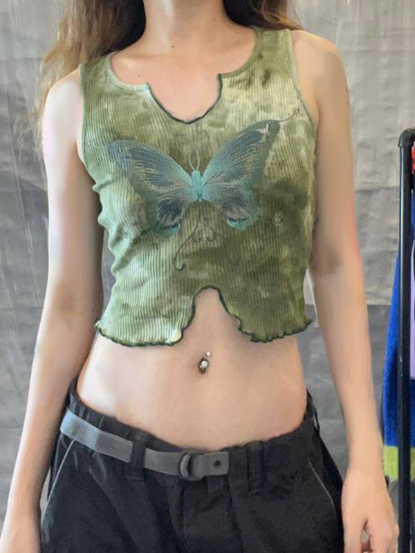 Butterfly Print Irregular Contrast Color Tank Top -- YKIIY  CLOTHING