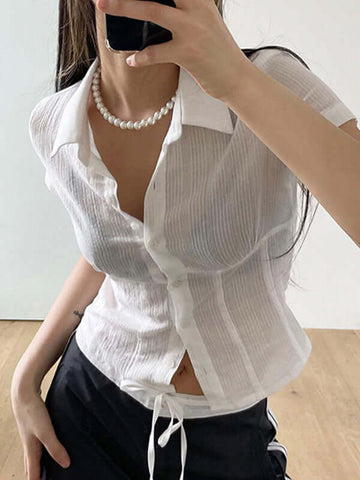 Button Down Cropped Blouse -- YKIIY  CLOTHING