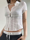 Button Down Cropped Blouse -- YKIIY  CLOTHING