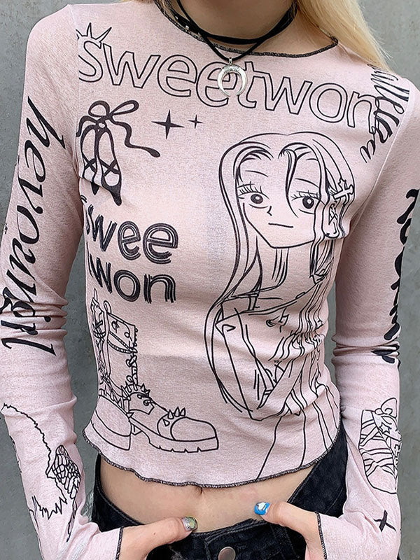 Cartoon Printed Contrast Trim Long Sleeve T-Shirt -- YKIIY  CLOTHING