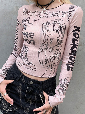 Cartoon Printed Contrast Trim Long Sleeve T-Shirt -- YKIIY  CLOTHING