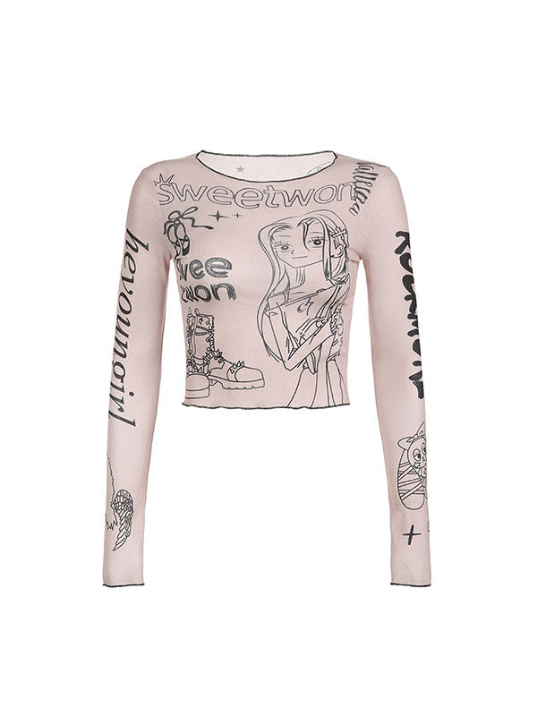 Cartoon Printed Contrast Trim Long Sleeve T-Shirt -- YKIIY  CLOTHING