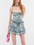 Chiffon Ruffled Patchwork Washed Denim Skirt -- YKIIY  CLOTHING