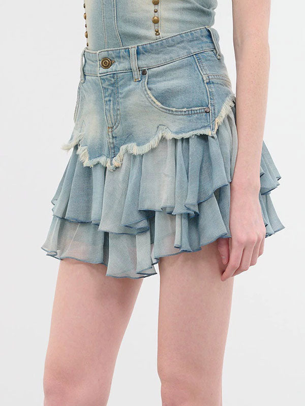 Chiffon Ruffled Patchwork Washed Denim Skirt -- YKIIY  CLOTHING