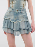 Chiffon Ruffled Patchwork Washed Denim Skirt -- YKIIY  CLOTHING