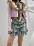 Chiffon Ruffled Patchwork Washed Denim Skirt -- YKIIY  CLOTHING