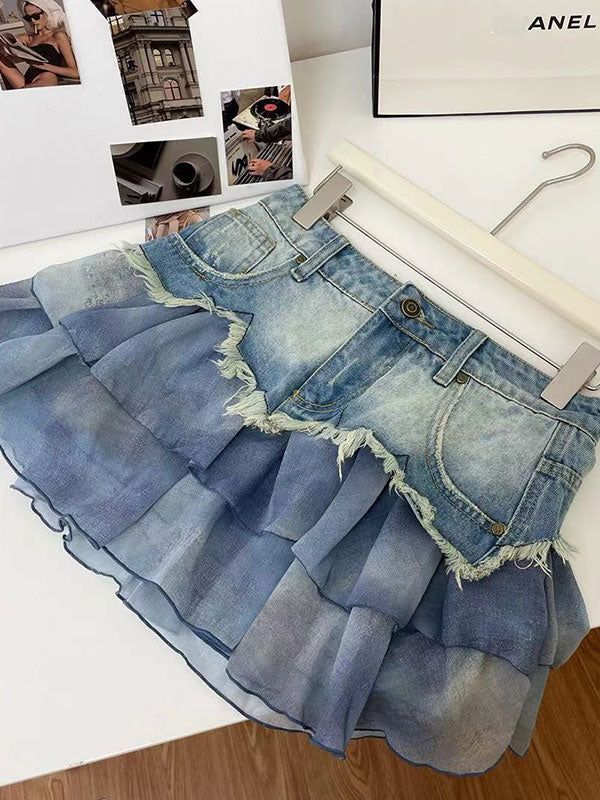 Chiffon Ruffled Patchwork Washed Denim Skirt -- YKIIY  CLOTHING