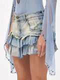 Chiffon Ruffled Patchwork Washed Denim Skirt -- YKIIY  CLOTHING