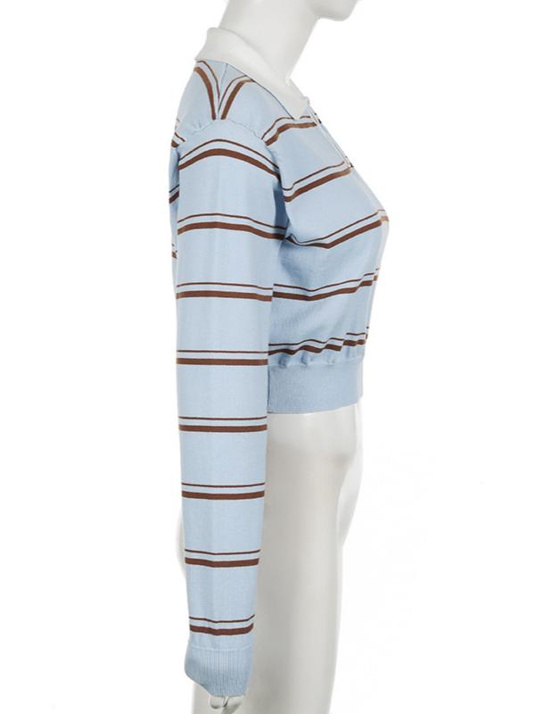 Color Block Striped Blue Preppy Crop Top -- YKIIY  CLOTHING