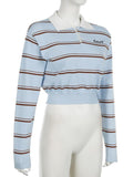 Color Block Striped Blue Preppy Crop Top -- YKIIY  CLOTHING