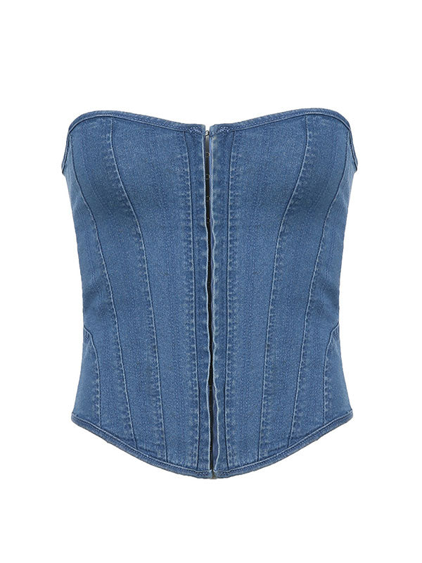 Cross Strapes Denim Bandeau Corset Top -- YKIIY  CLOTHING