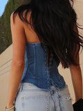 Cross Strapes Denim Bandeau Corset Top -- YKIIY  CLOTHING